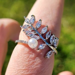 Faux Pearl Diamond Ring Engagement Plant Vine Silver Ring Size 8